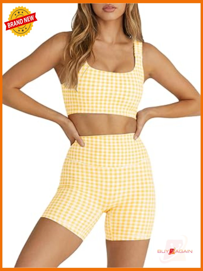 Gingham 2 Piece Outfits Padded Open Back Crop Tank High Waist Sports Shorts
